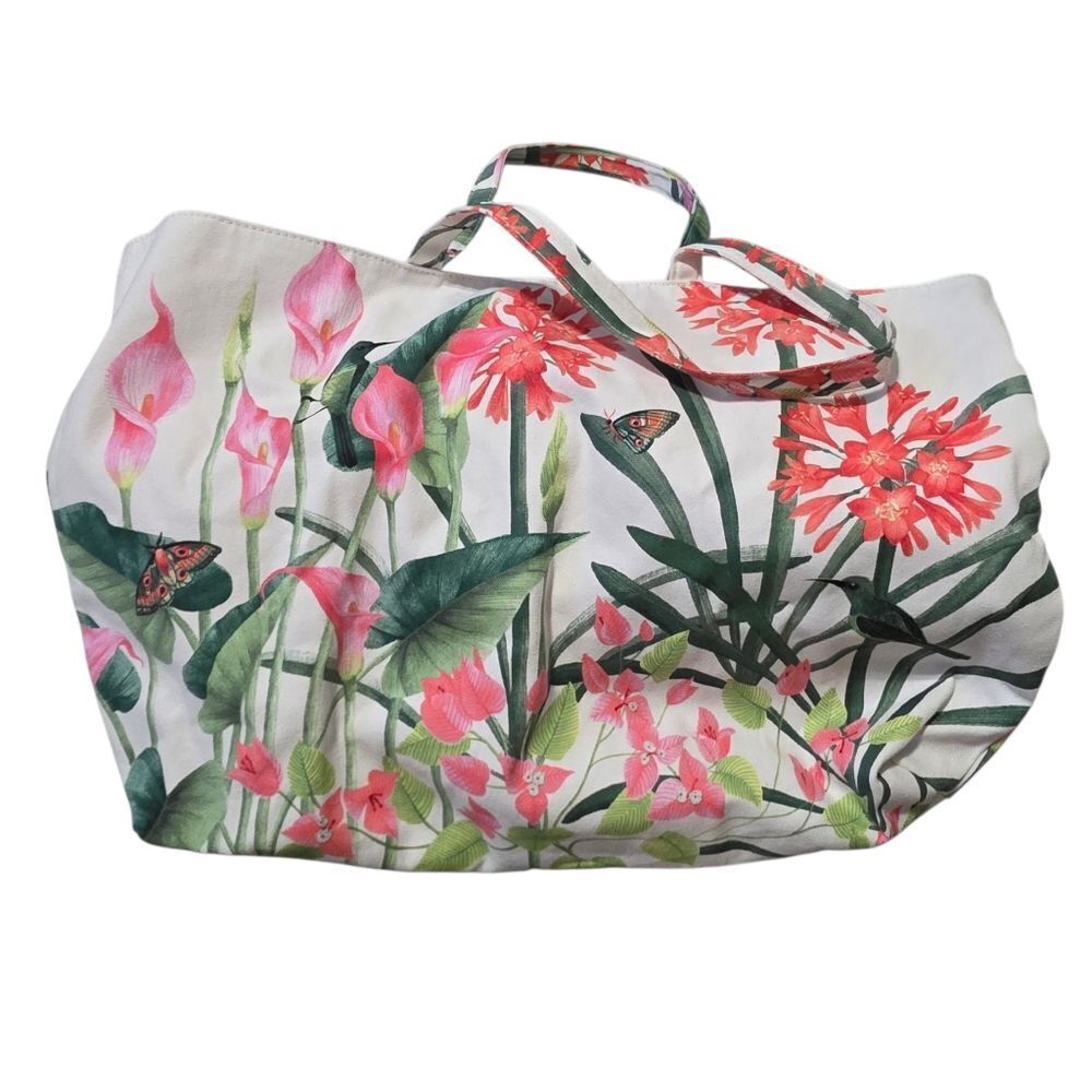 Floral With Hummingbird Tote Bag In Coral And Greens